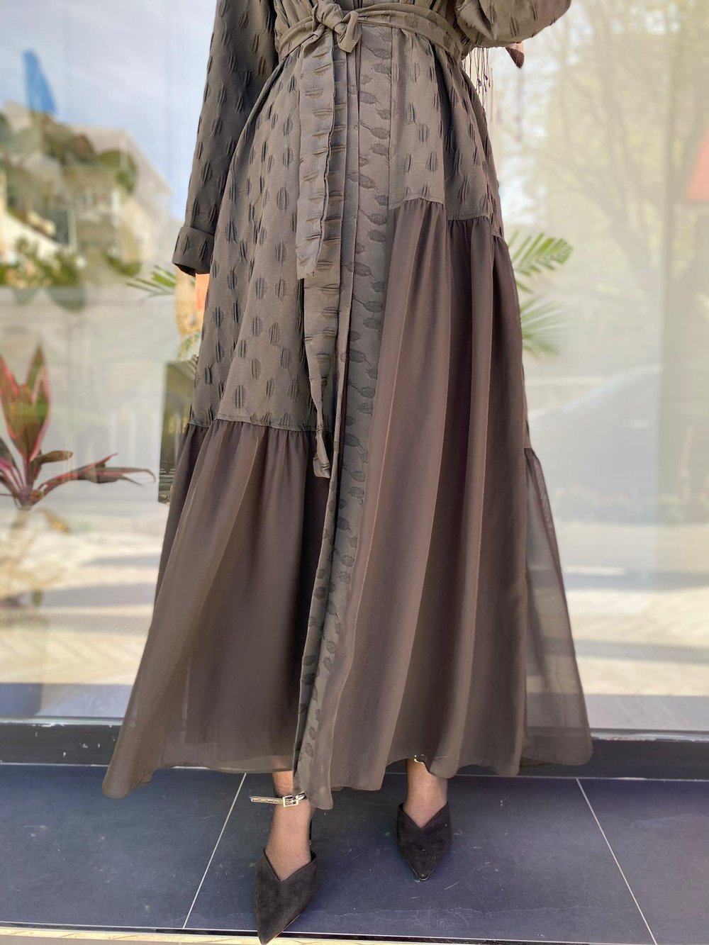 Kendinden Desenli Şifon Detaylı Kadın Kimono Siyah