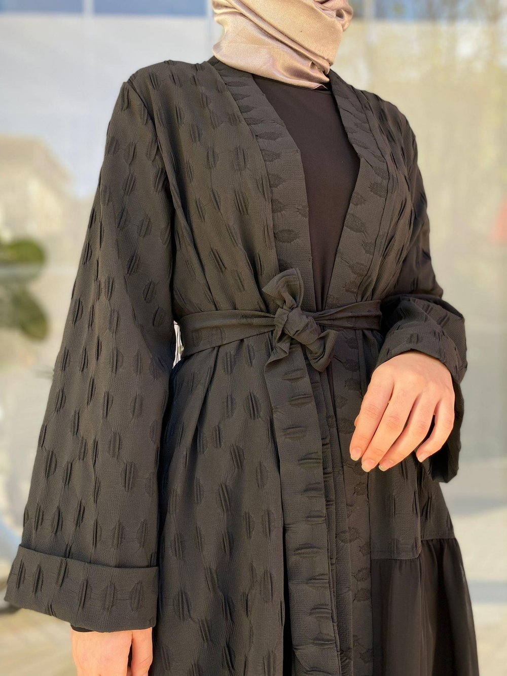 Kendinden Desenli Şifon Detaylı Kadın Kimono Siyah