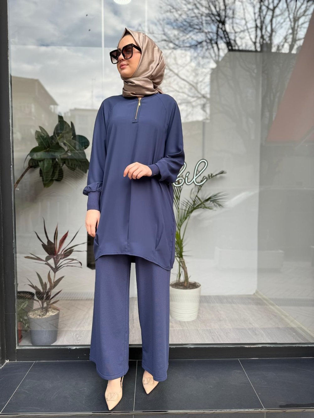 Kolları Triko Yaka Fermuarlı Şifon Tunik Indigo