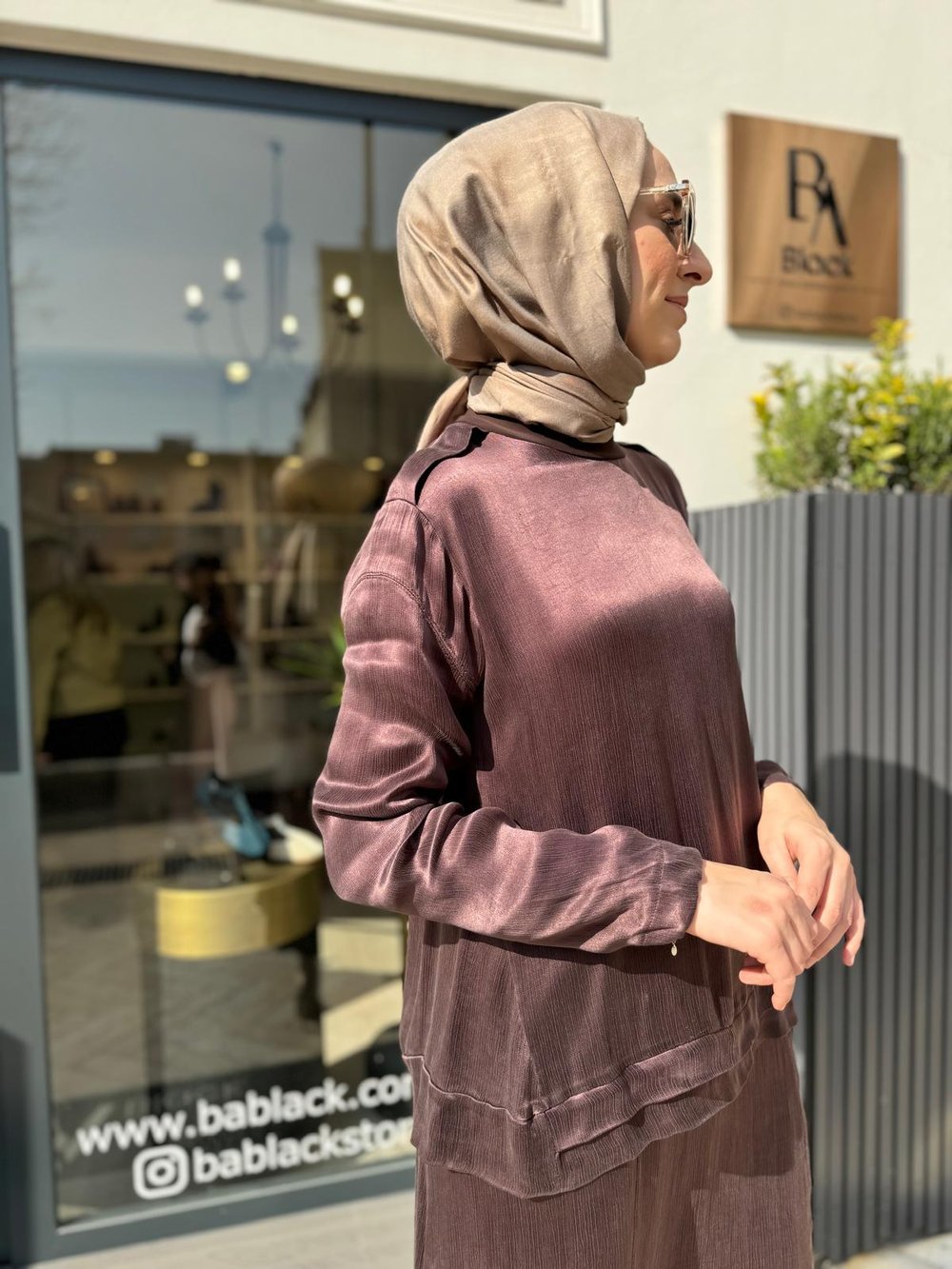 Kolu Dikişli Basic Cupro Kadın Etekli Takım Kahve