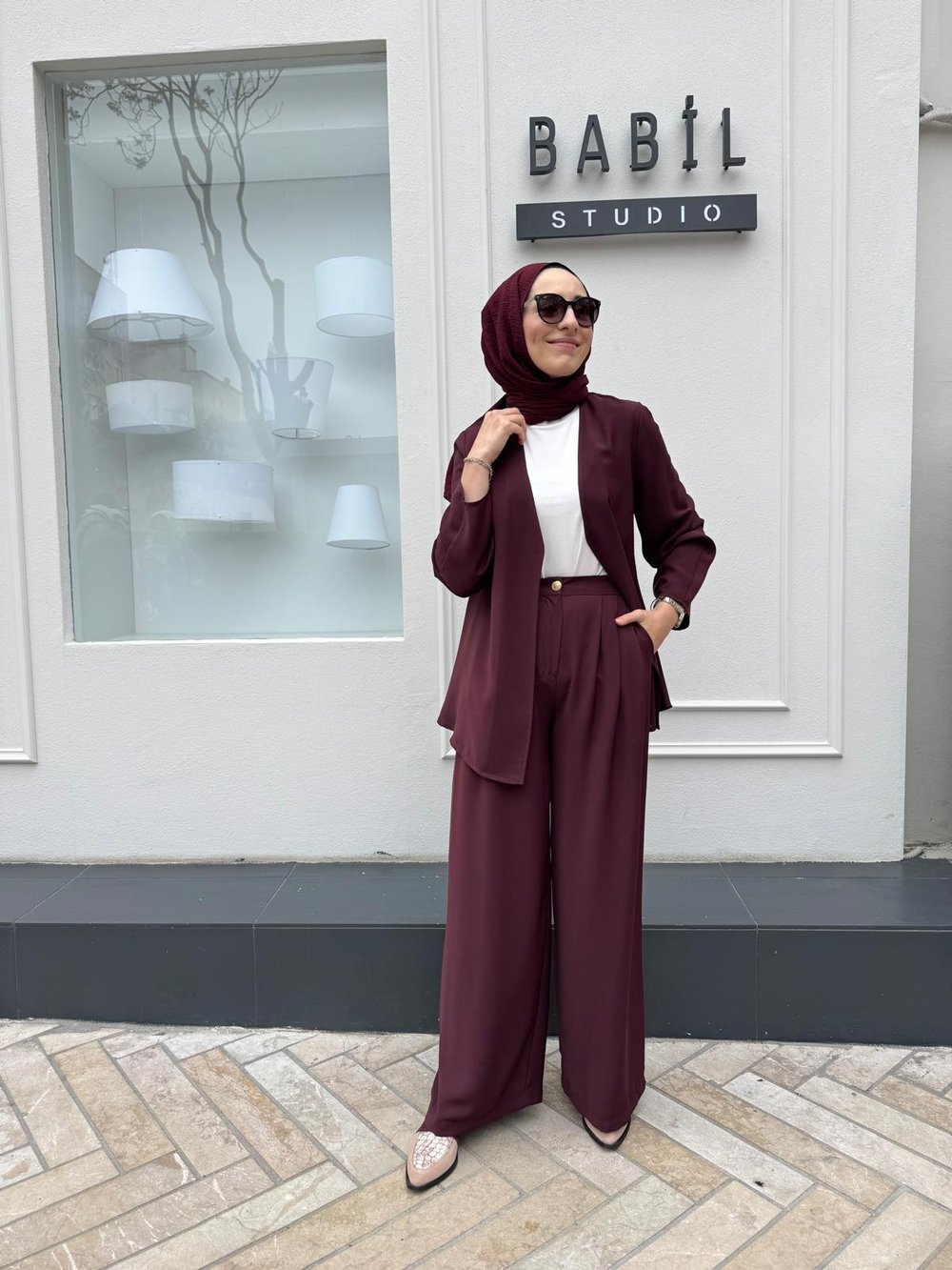 Lora Krep Pantolonlu Takım Bordo