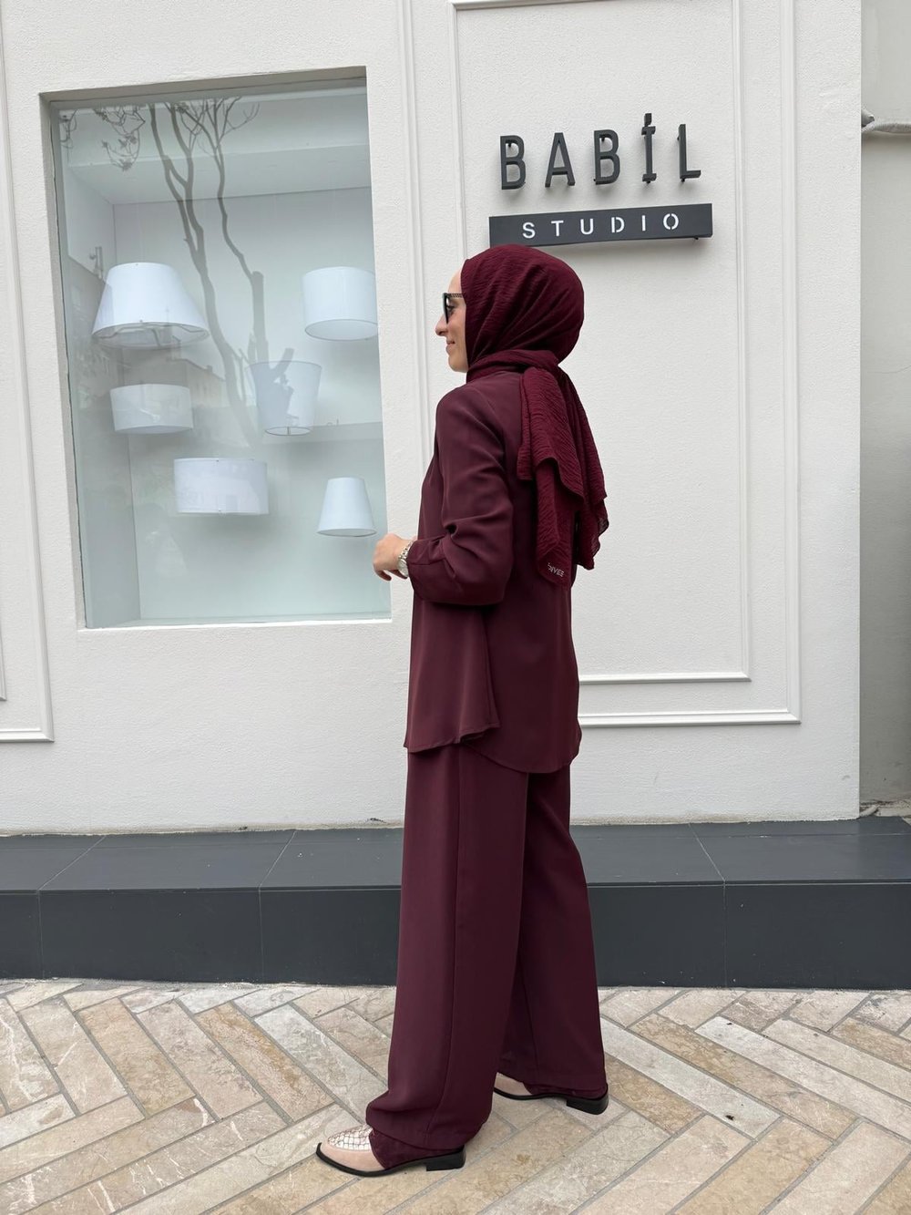 Lora Krep Pantolonlu Takım Bordo