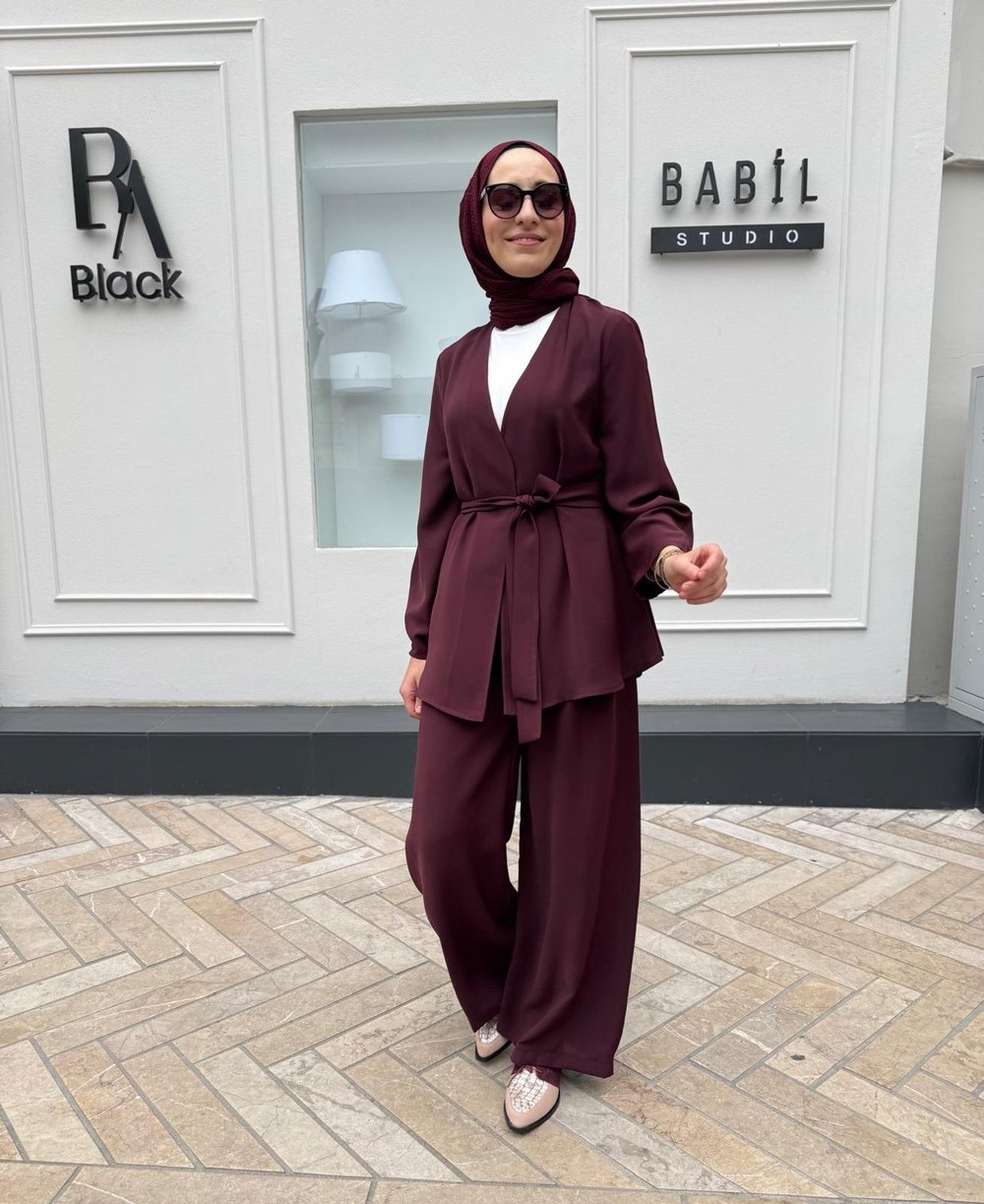 Lora Krep Pantolonlu Takım Bordo