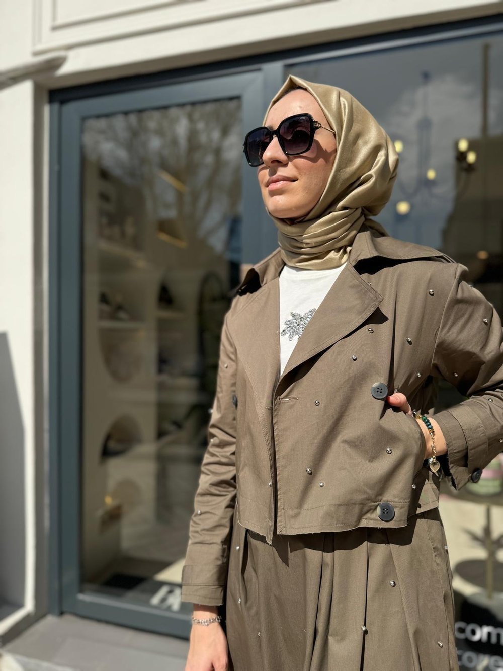 Mona Taş İşlemeli Kadın Etekli Takım Haki Yeşil