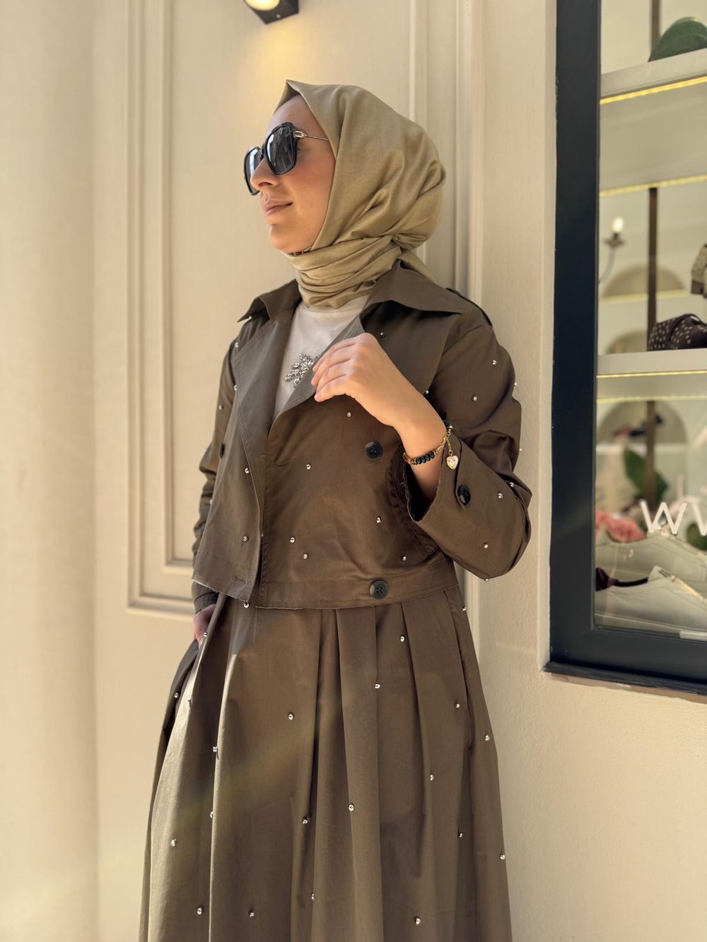Mona Taş İşlemeli Kadın Etekli Takım Haki Yeşil