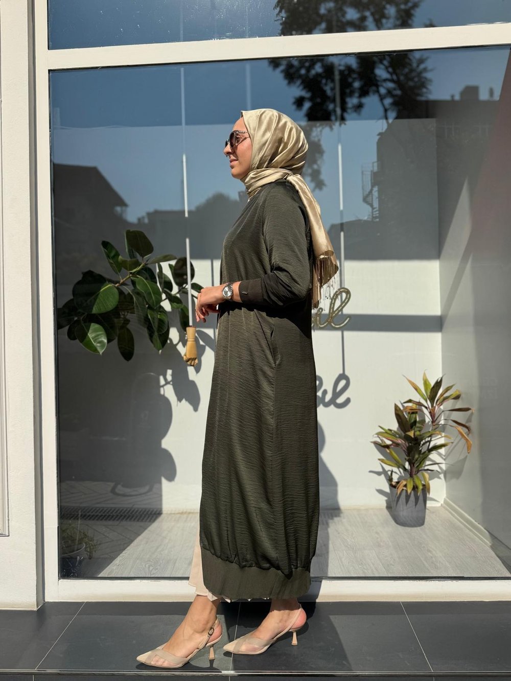 Sıkmalı Fermuarlı Kadın Kap Haki Yeşil