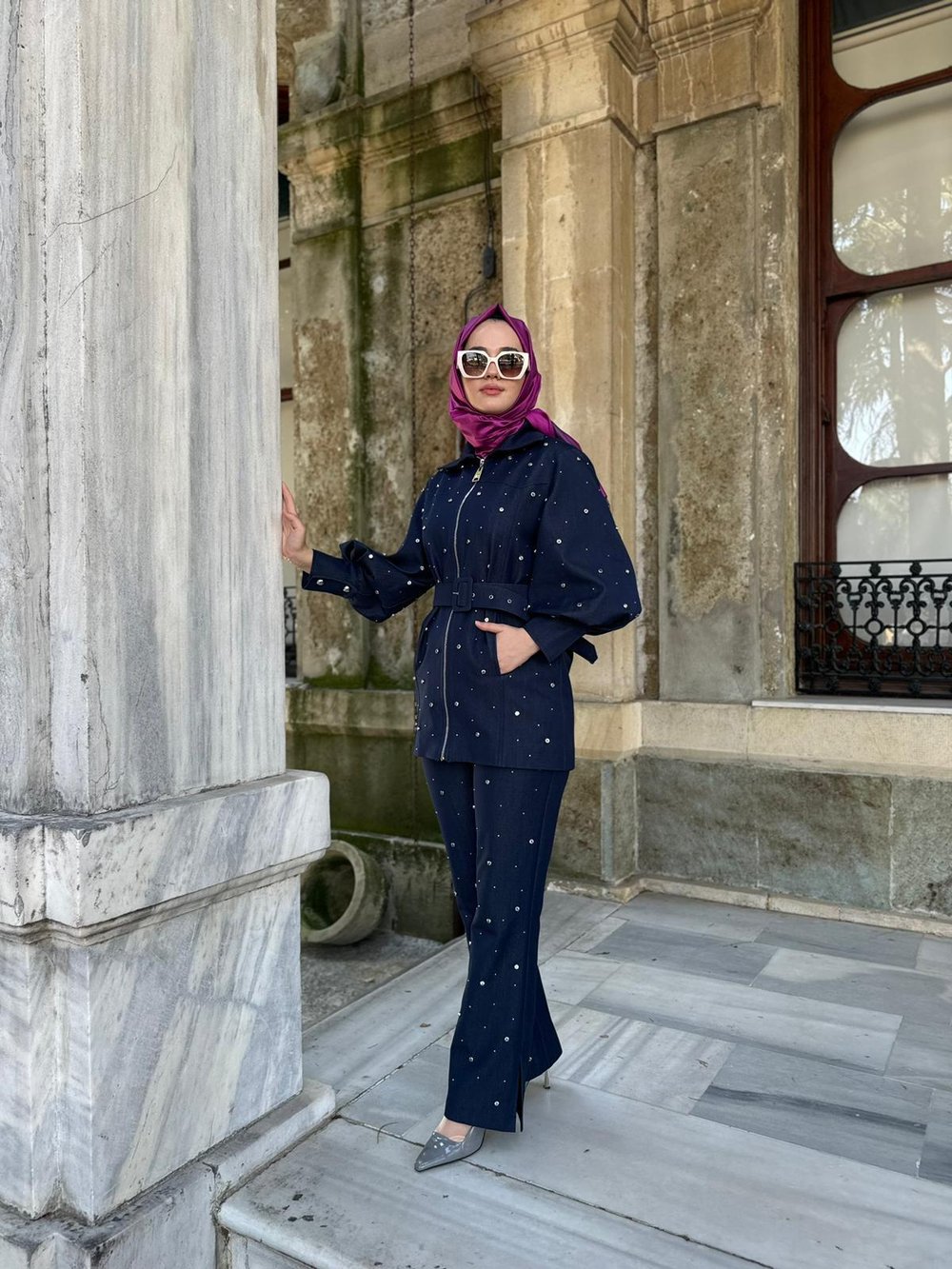 Silvia Balon Kol Taş İşlemeli Tasarım Kadın Ceket Lacivert