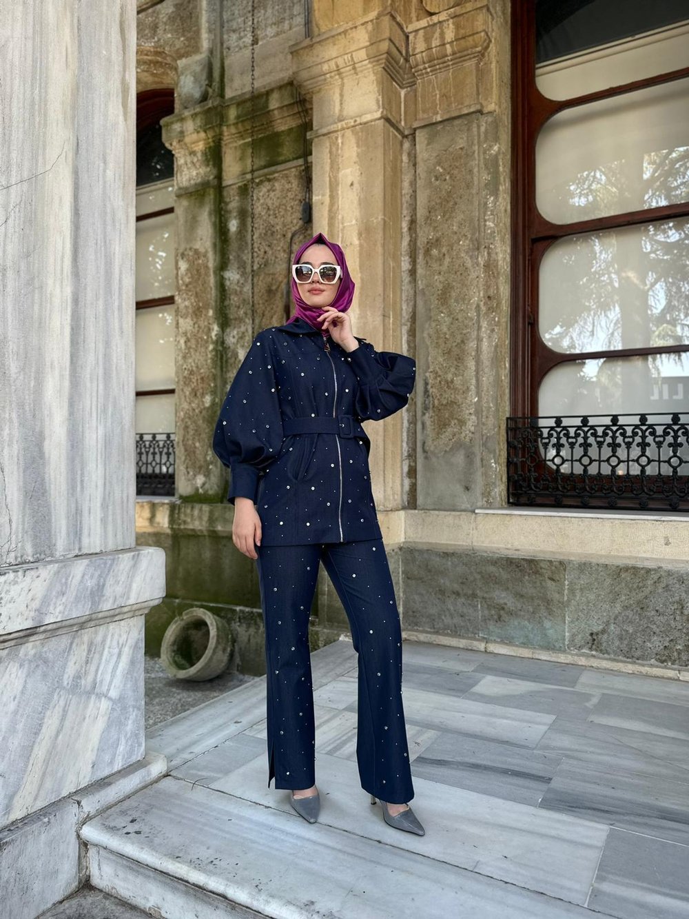 Silvia Balon Kol Taş İşlemeli Tasarım Kadın Ceket Lacivert