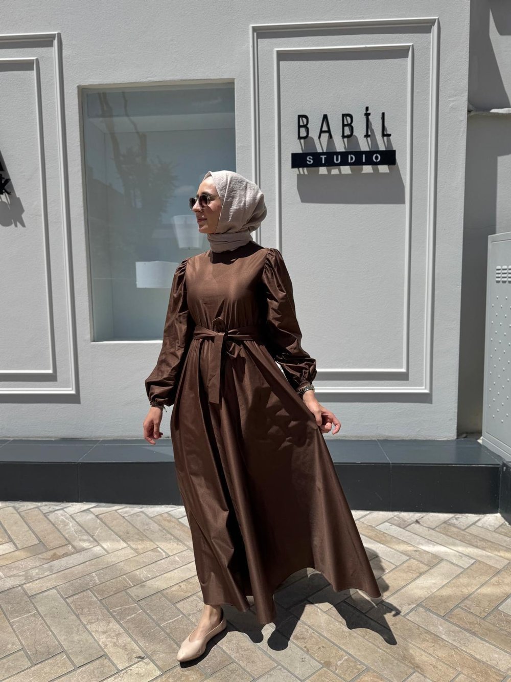 TD2397 Beli Lastikli Kadın Elbise Kahve