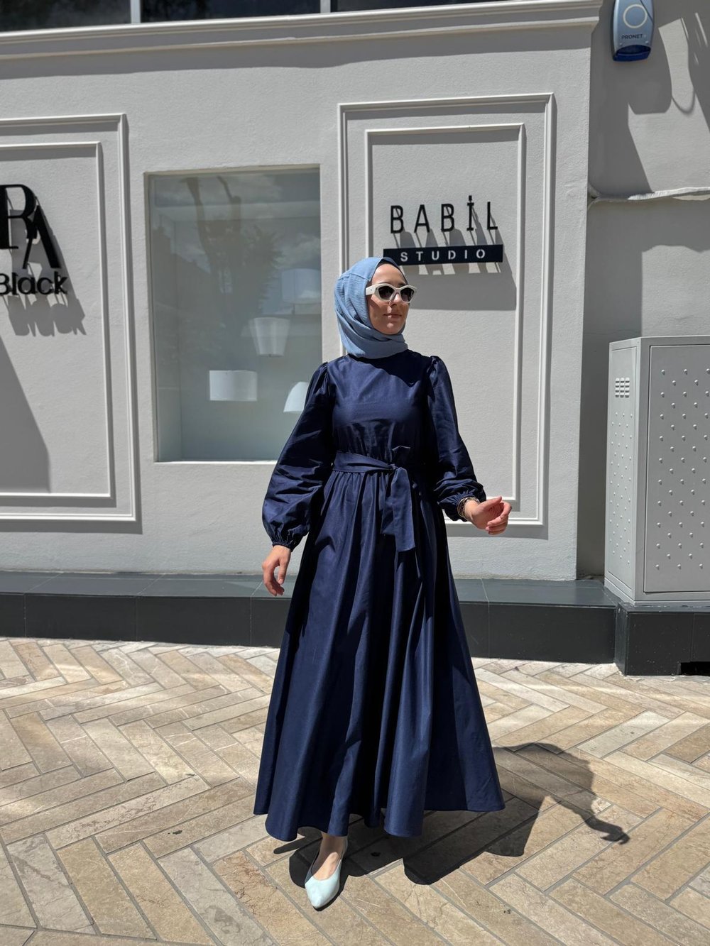 TD2397 Beli Lastikli Kadın Elbise Lacivert