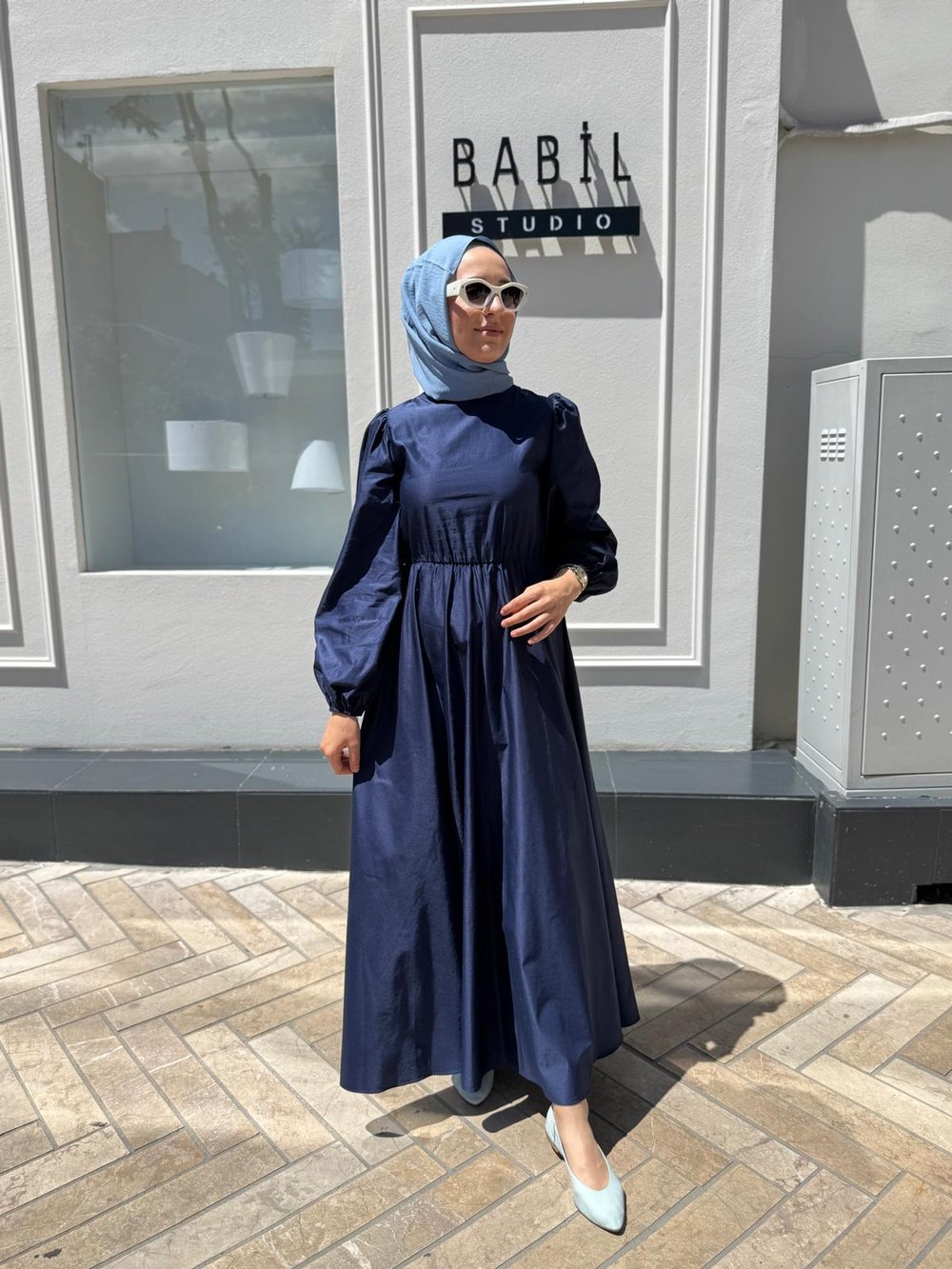 TD2397 Beli Lastikli Kadın Elbise Lacivert