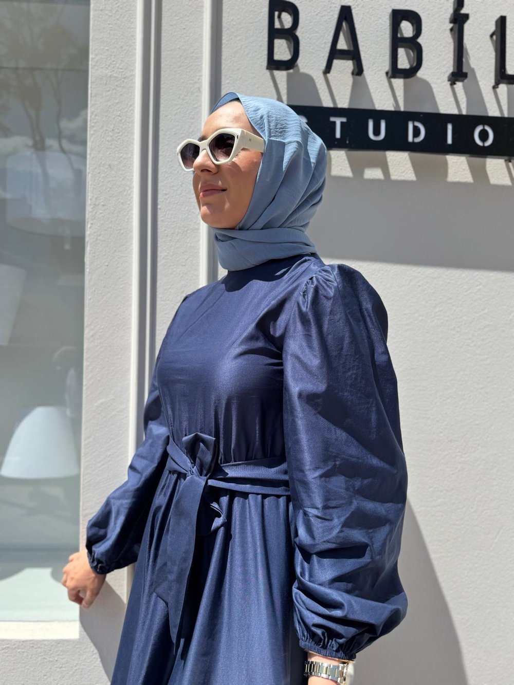 TD2397 Beli Lastikli Kadın Elbise Lacivert