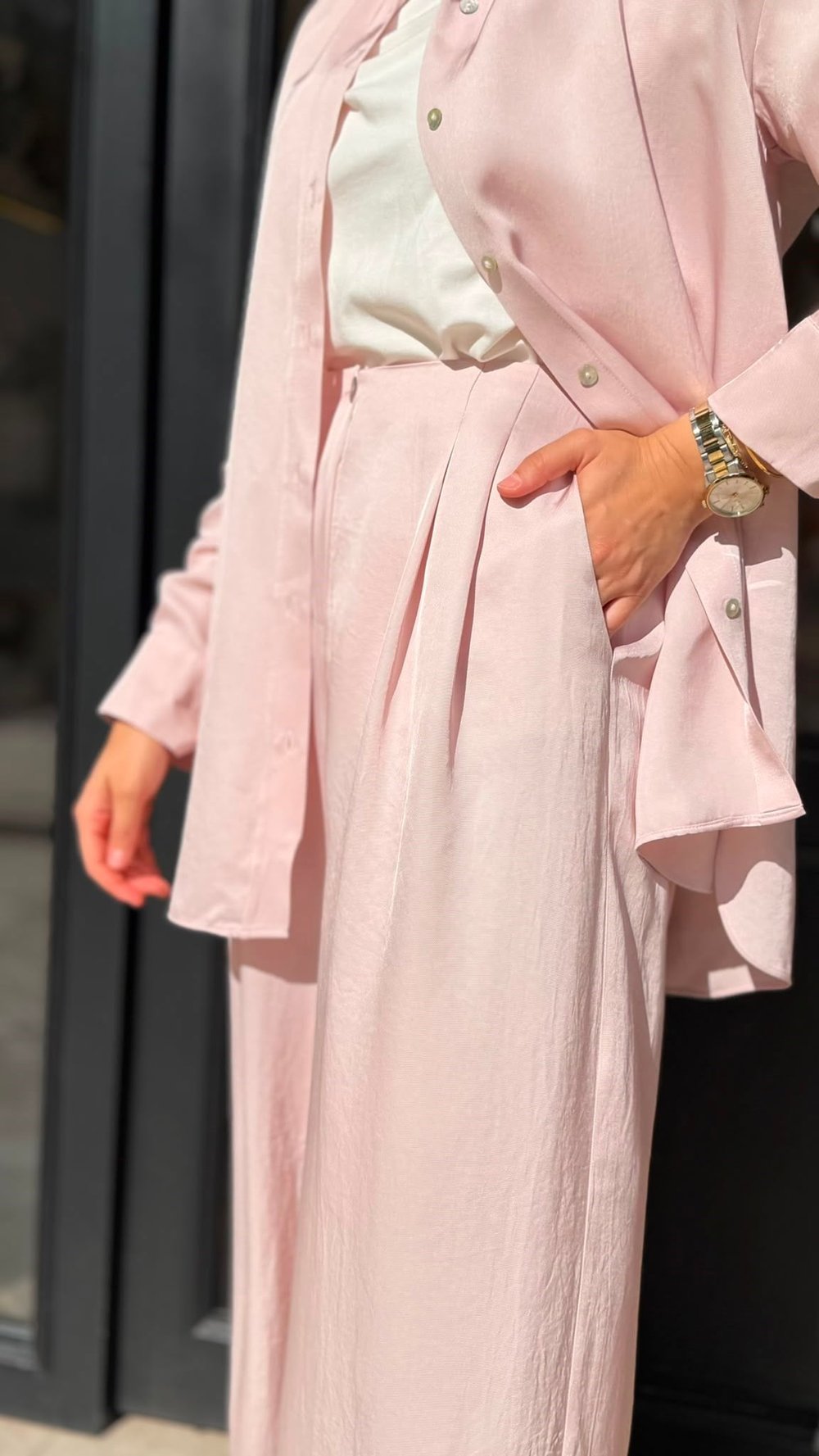 TD26Y04000008 Color Asetat Palazzo Kadın Pantolon Pudra Pembe