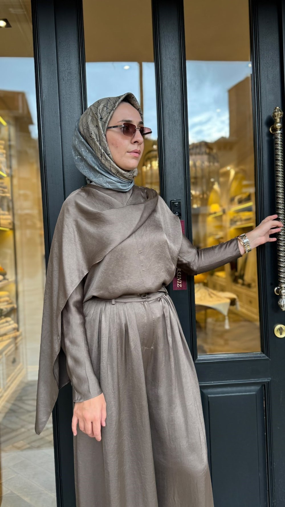 TD26Y05000115 Elna Asetat Pantolonlu Takım Vizon