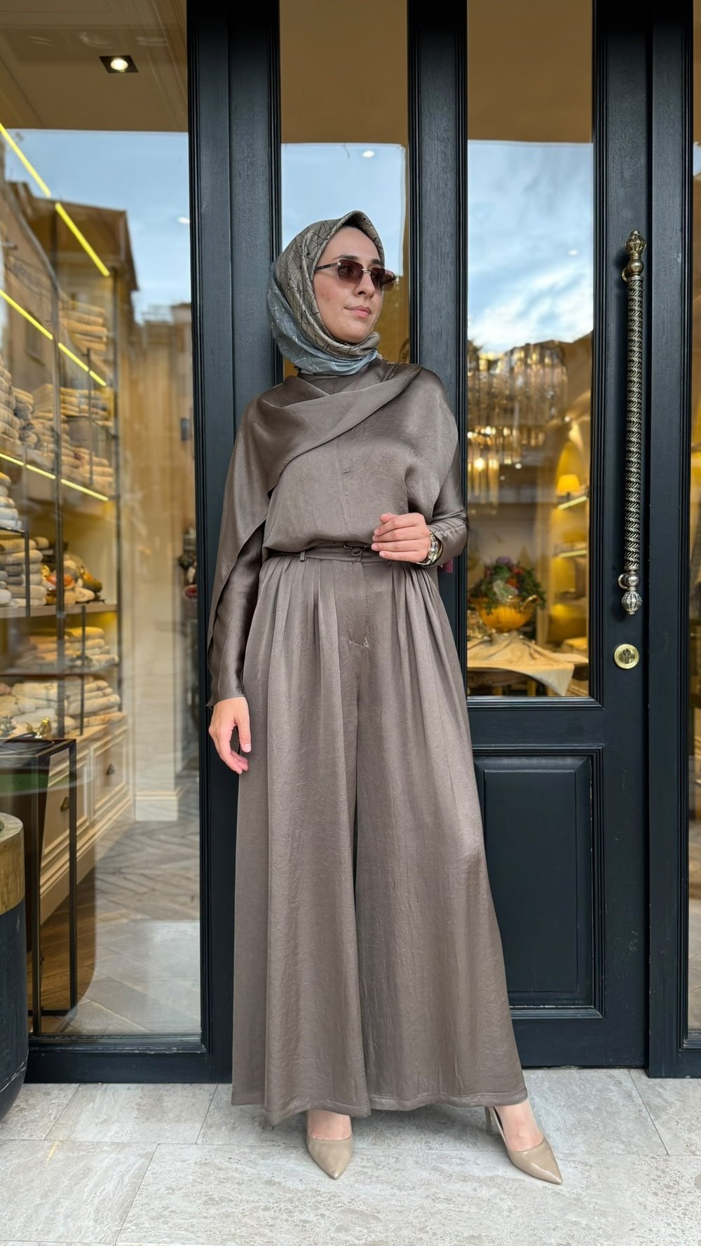 TD26Y05000115 Elna Asetat Pantolonlu Takım Vizon