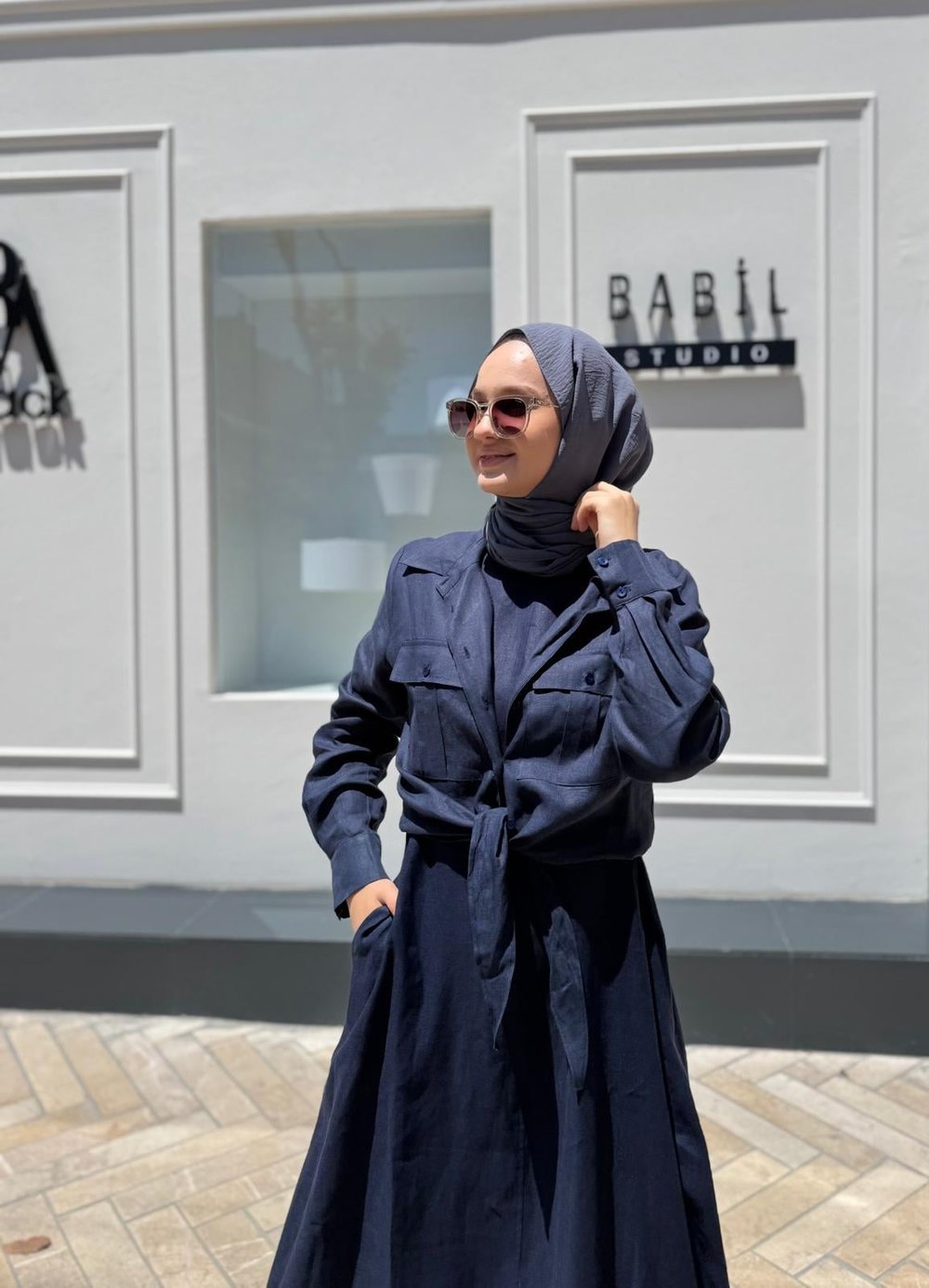 TD3555 Cepli  Bağlamalı Kadın Gömlek Lacivert