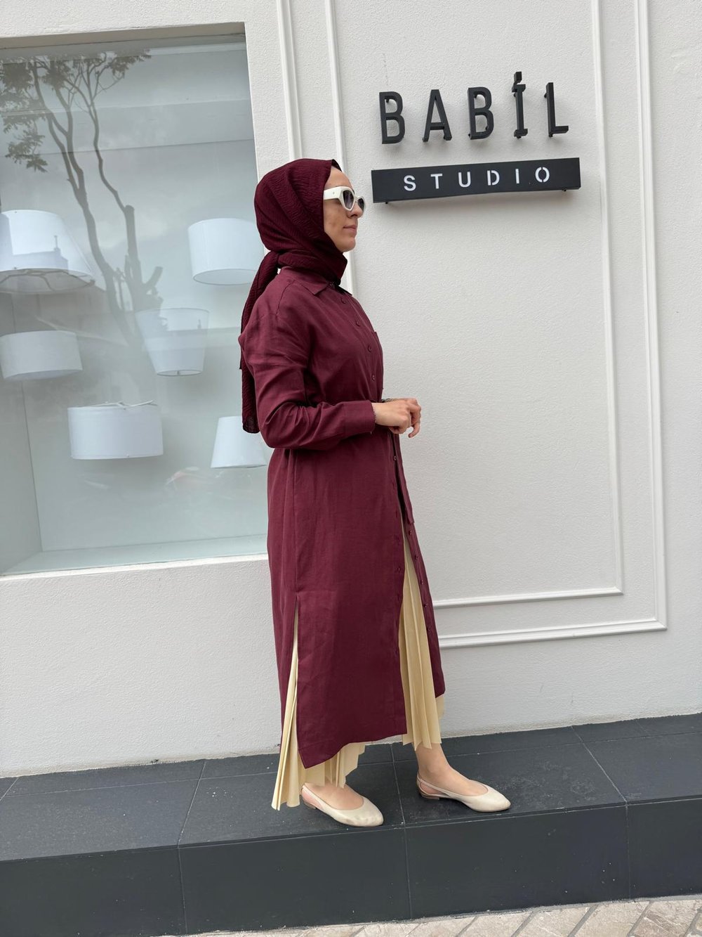 TD3558 Keten Uzun Kadın Gömlek Bordo