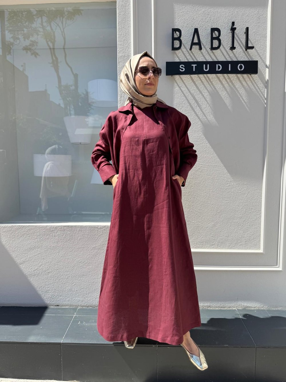 TD3562 Natural Keten Kolsuz Keten Elbise Bordo