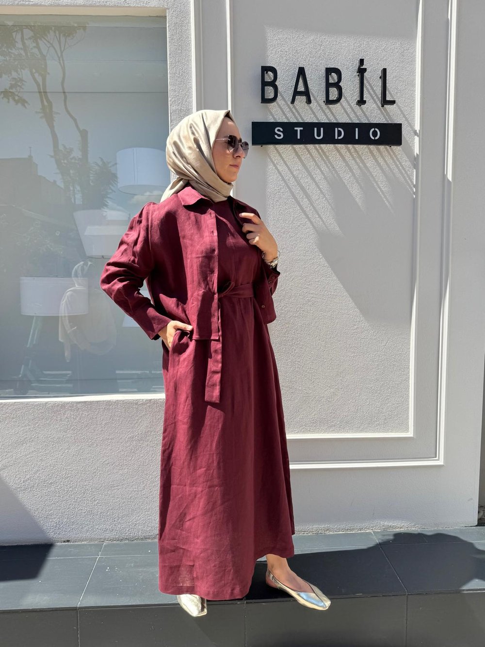 TD3562 Natural Keten Kolsuz Keten Elbise Bordo