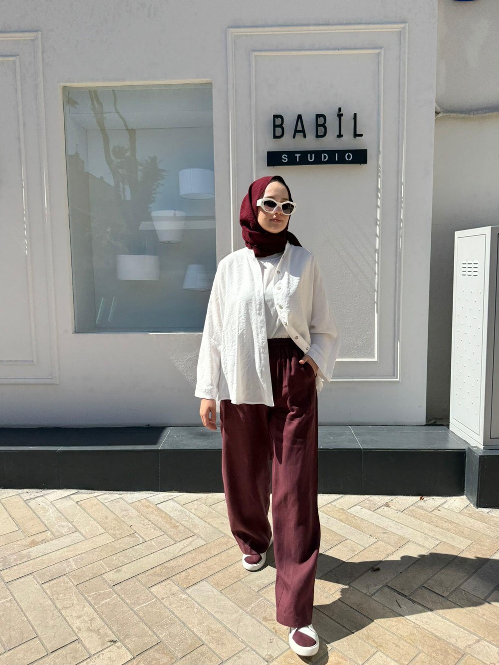 TD3574 Bol Paça Keten Kadın Pantolon Bordo