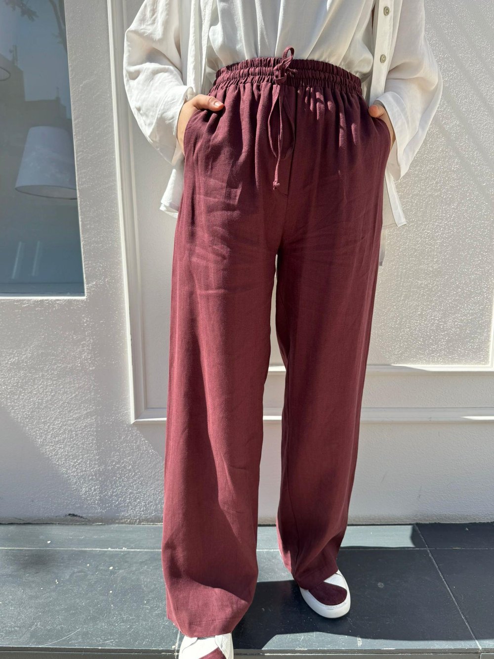 TD3574 Bol Paça Keten Kadın Pantolon Bordo