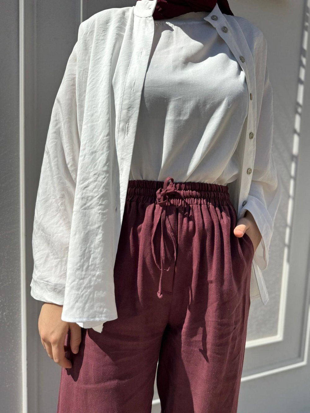 TD3574 Bol Paça Keten Kadın Pantolon Bordo