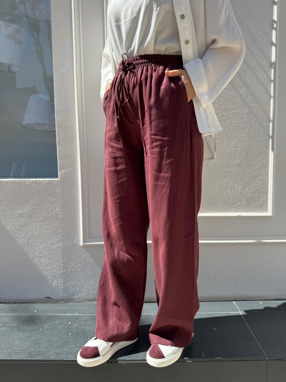 TD3574 Bol Paça Keten Kadın Pantolon Bordo