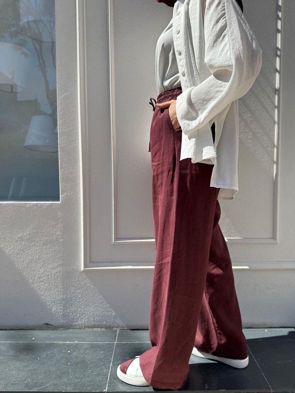 TD3574 Bol Paça Keten Kadın Pantolon Bordo