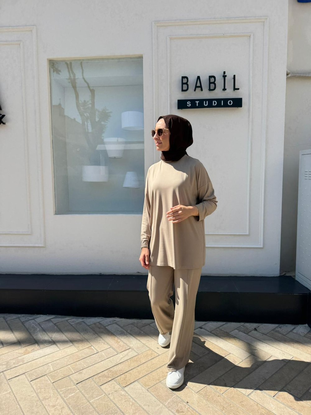 TD3852 Modal Penye Kumaş Basic Kadın Takım Vizon