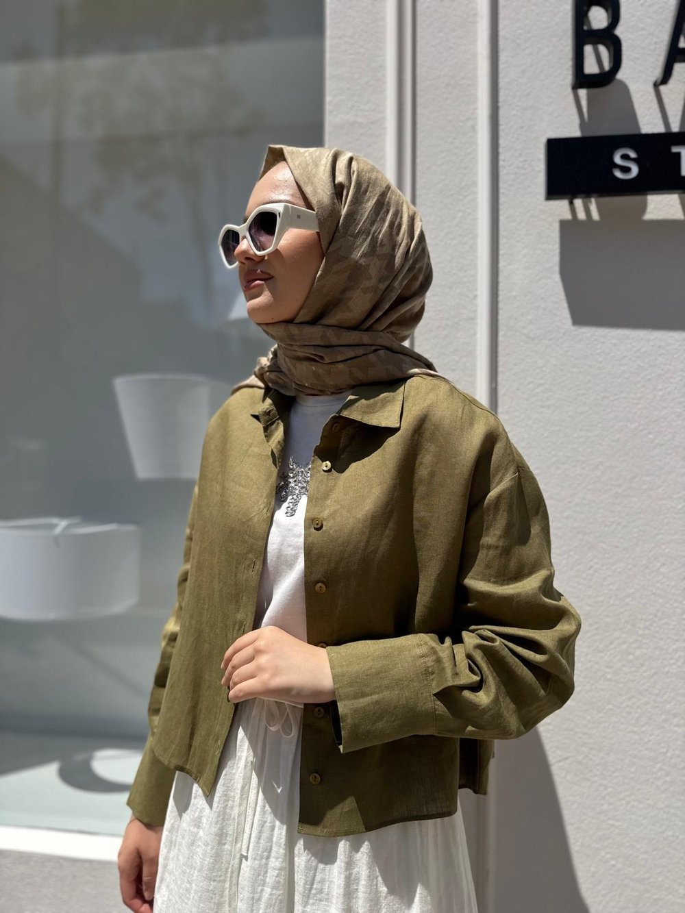 TD3682 Kısa Kadın Gömlek Haki Yeşil