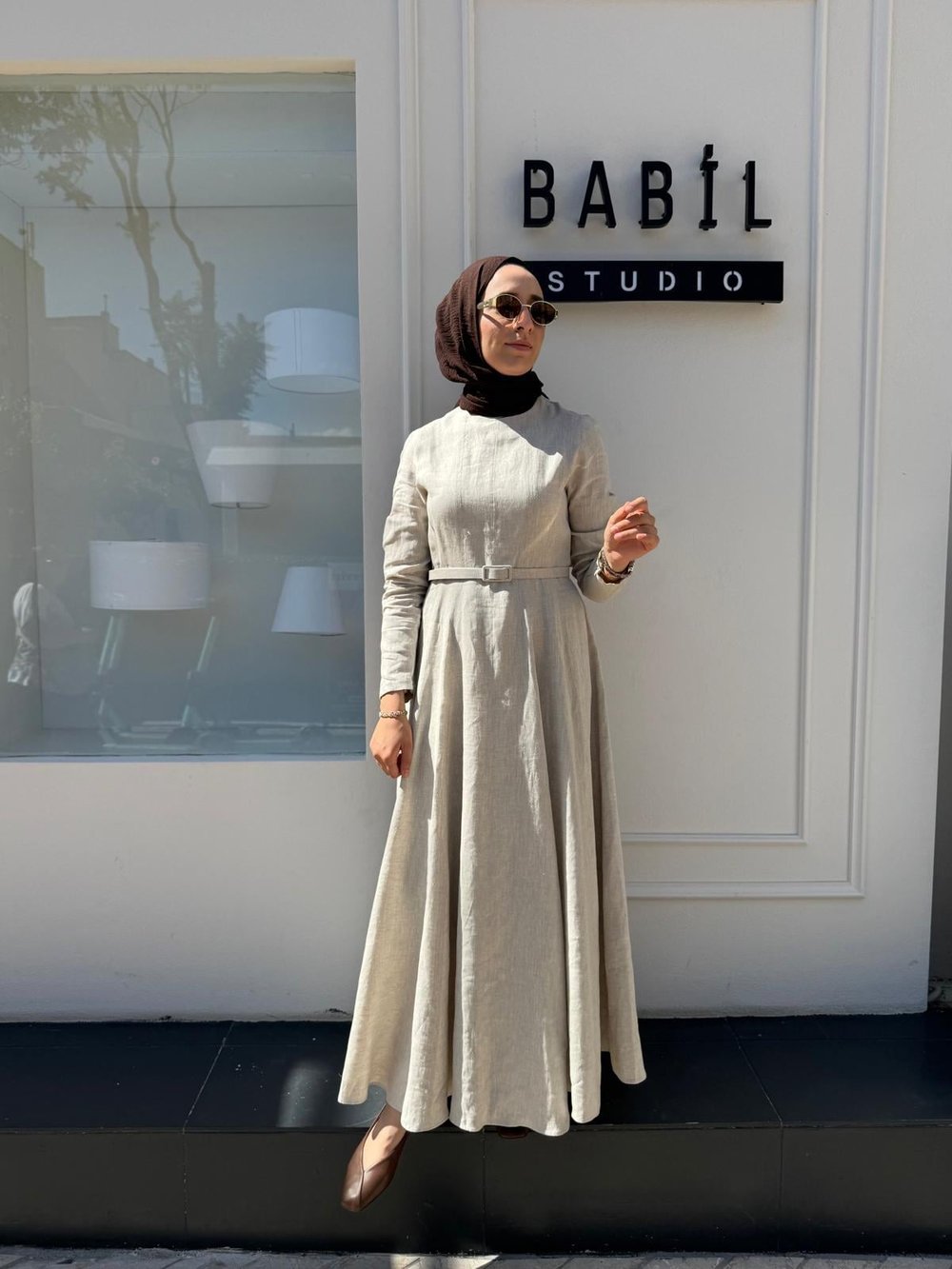 TD4169 Bel Oturtmalı Kadın Keten Elbise NATURAL