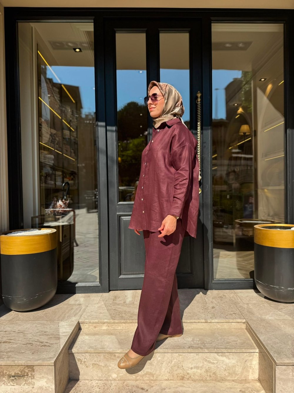 TD4269 Keten Kadın Pantolonlu Takım Bordo