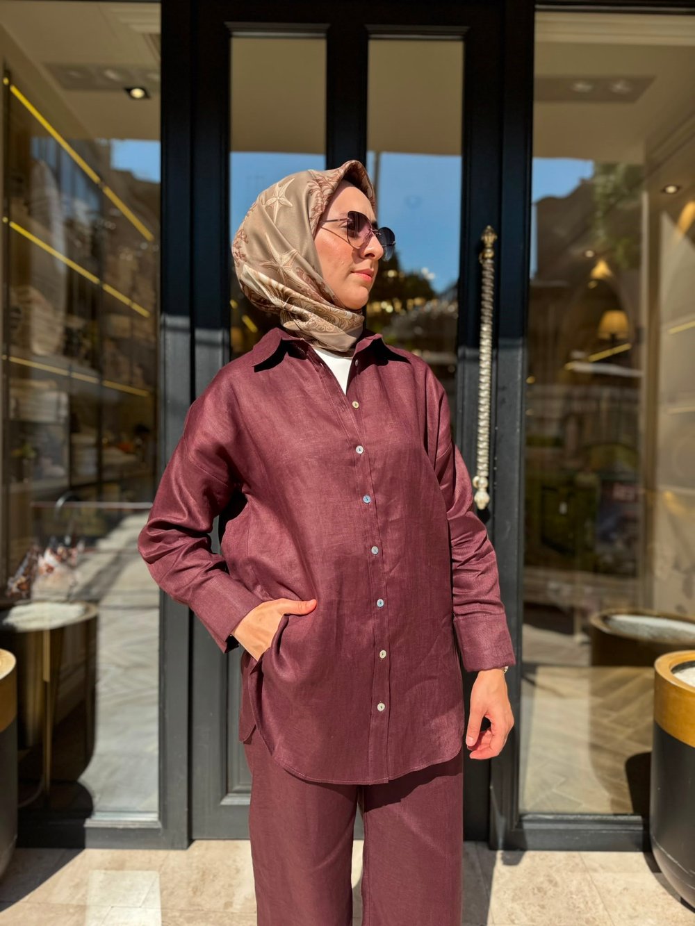 TD4269 Keten Kadın Pantolonlu Takım Bordo