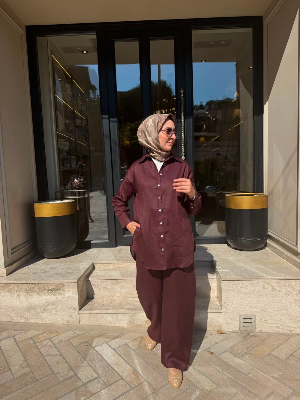 TD4269 Keten Kadın Pantolonlu Takım Bordo