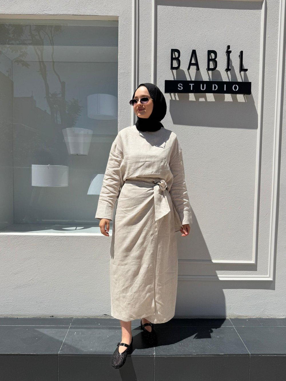 TD4325 Bağlamalı Keten Etekli Kadın Takım NATURAL