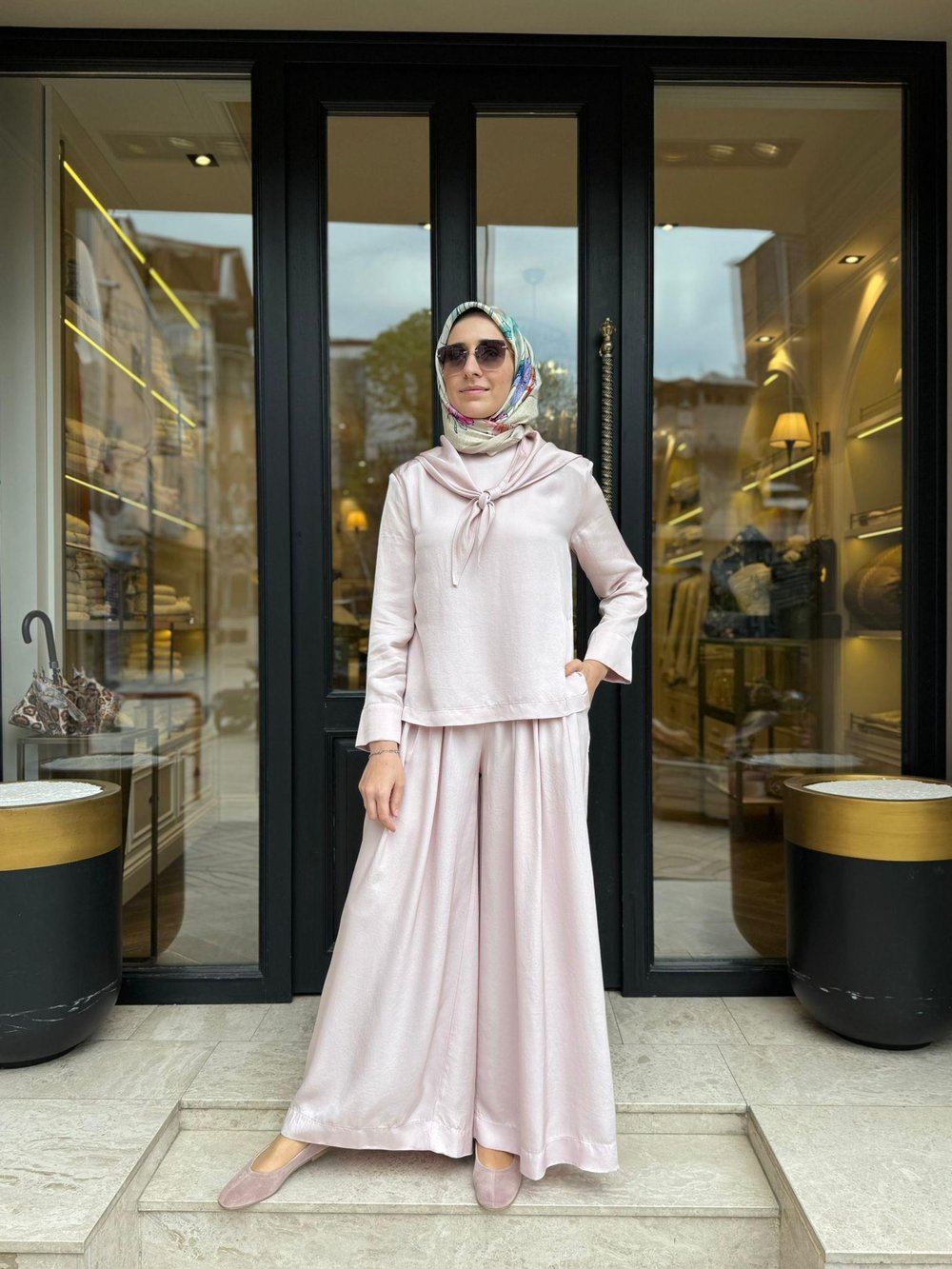 TD4418 Evan Asetat Pantolonlu Takım Pudra Pembe