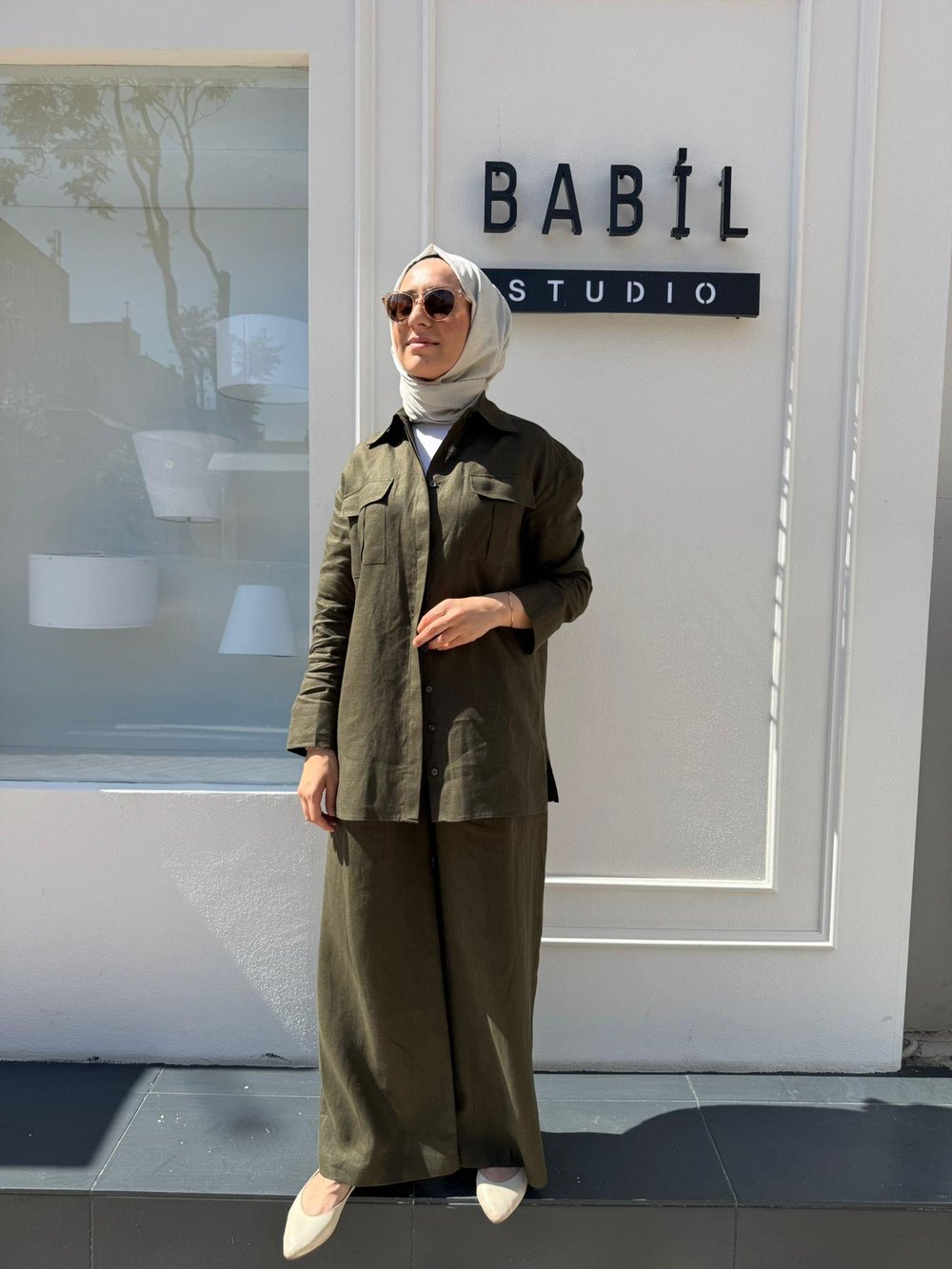 TD4555 Keten Bol Paça Düğmeli Pantolon Haki Yeşil