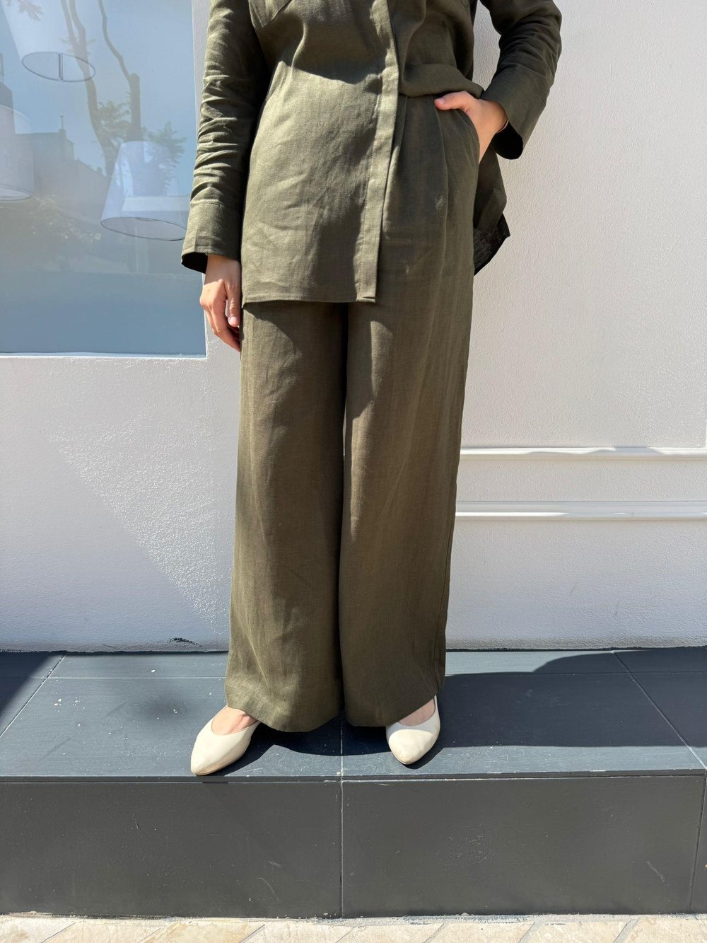 TD4555 Keten Bol Paça Düğmeli Pantolon Haki Yeşil