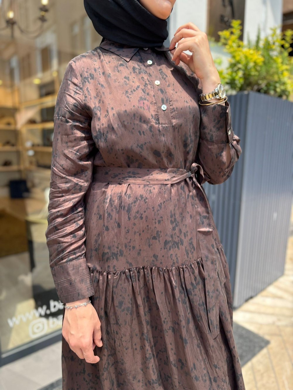 TD4654 Bade Desenli Kadın Elbise Kahve