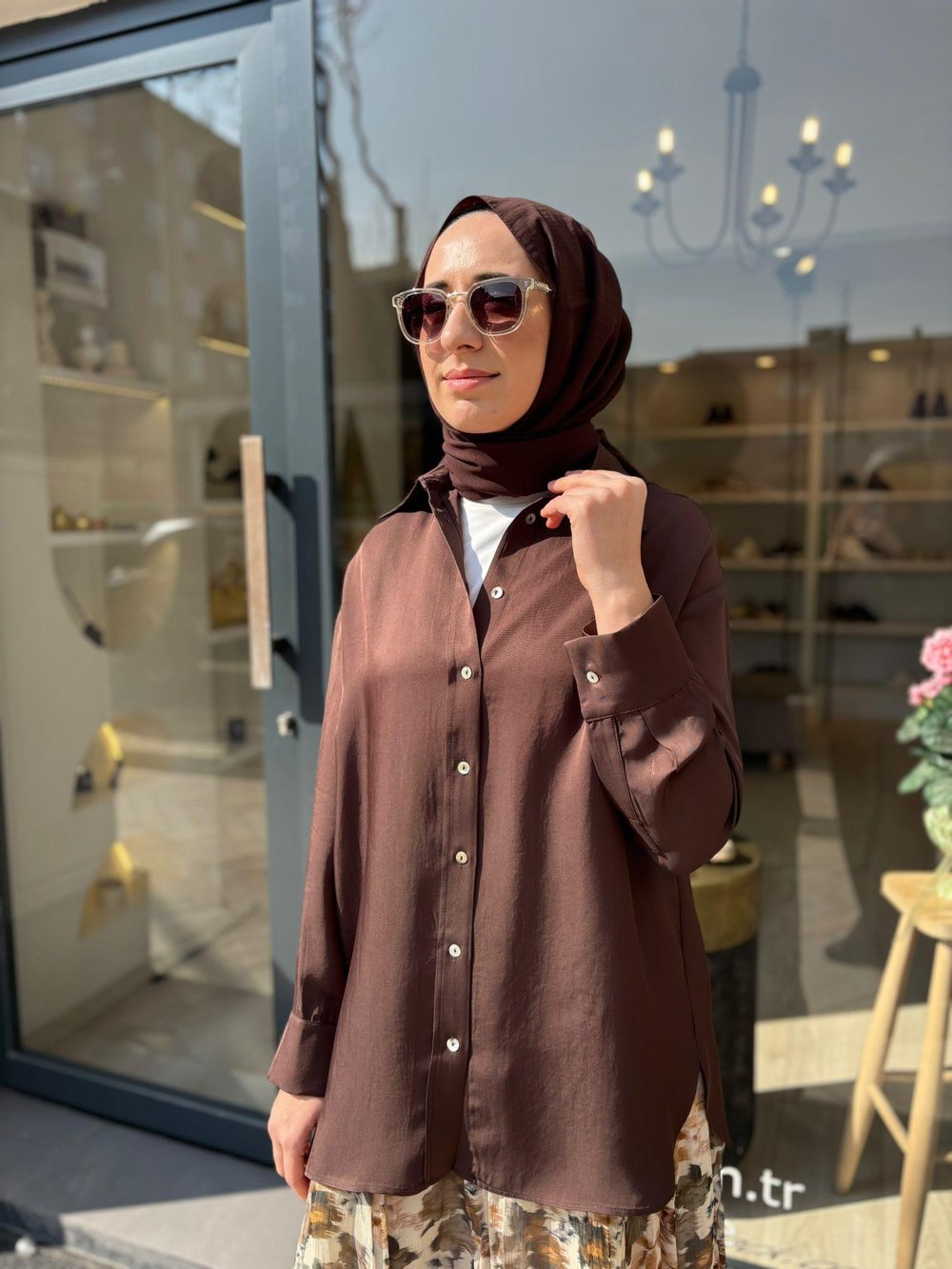TD4765 Lilac Asetat Kadın Gömlek Kahve