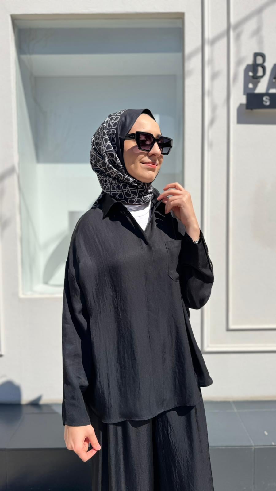 TD4766 Joy Asetat Pantolonlu Kadın Takım Siyah