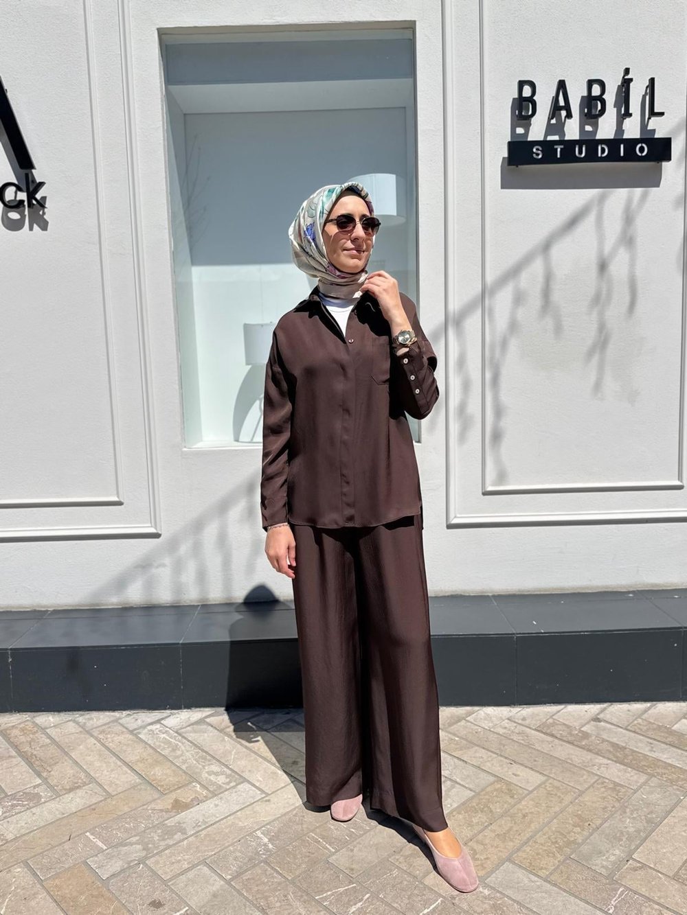 TD4766 Joy Asetat Pantolonlu Kadın Takım Kahve