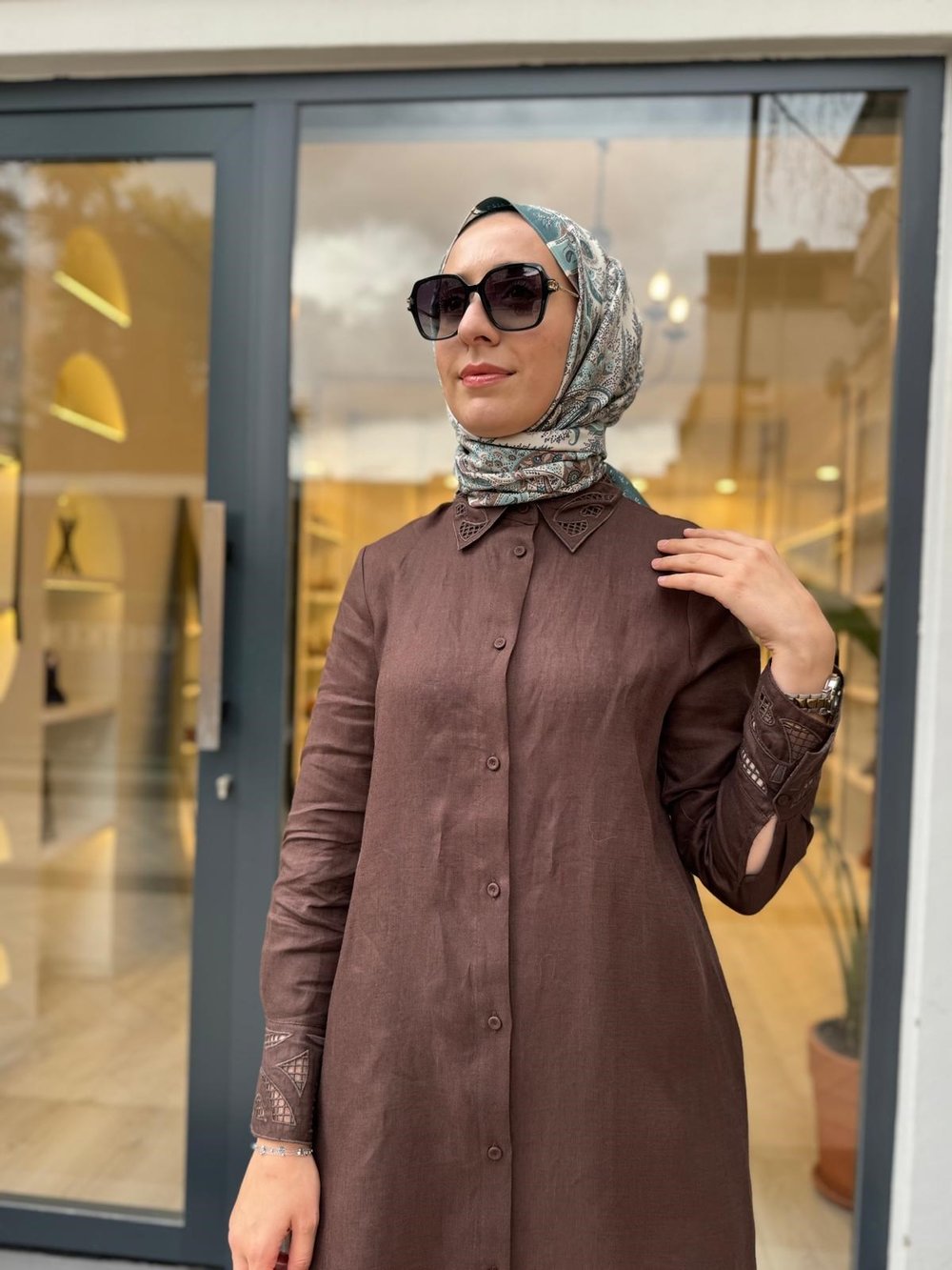 TD4767 Yaka Nakış Detay Kadın Elbise Kahve