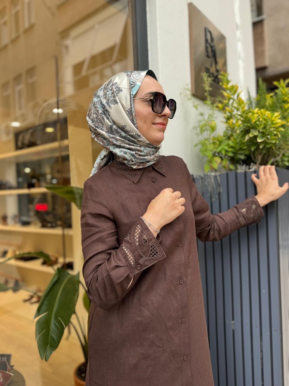 TD4767 Yaka Nakış Detay Kadın Elbise Kahve