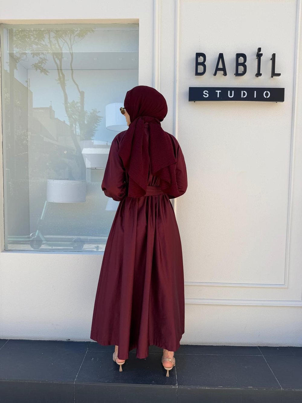 TD53456 Beli Sıkmalı Kadın Elbise Bordo
