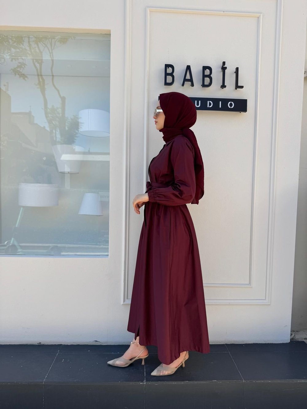 TD53456 Beli Sıkmalı Kadın Elbise Bordo