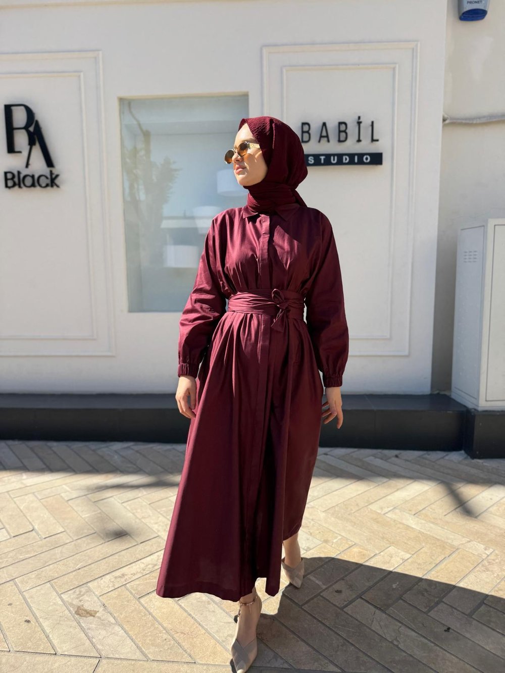 TD53456 Beli Sıkmalı Kadın Elbise Bordo