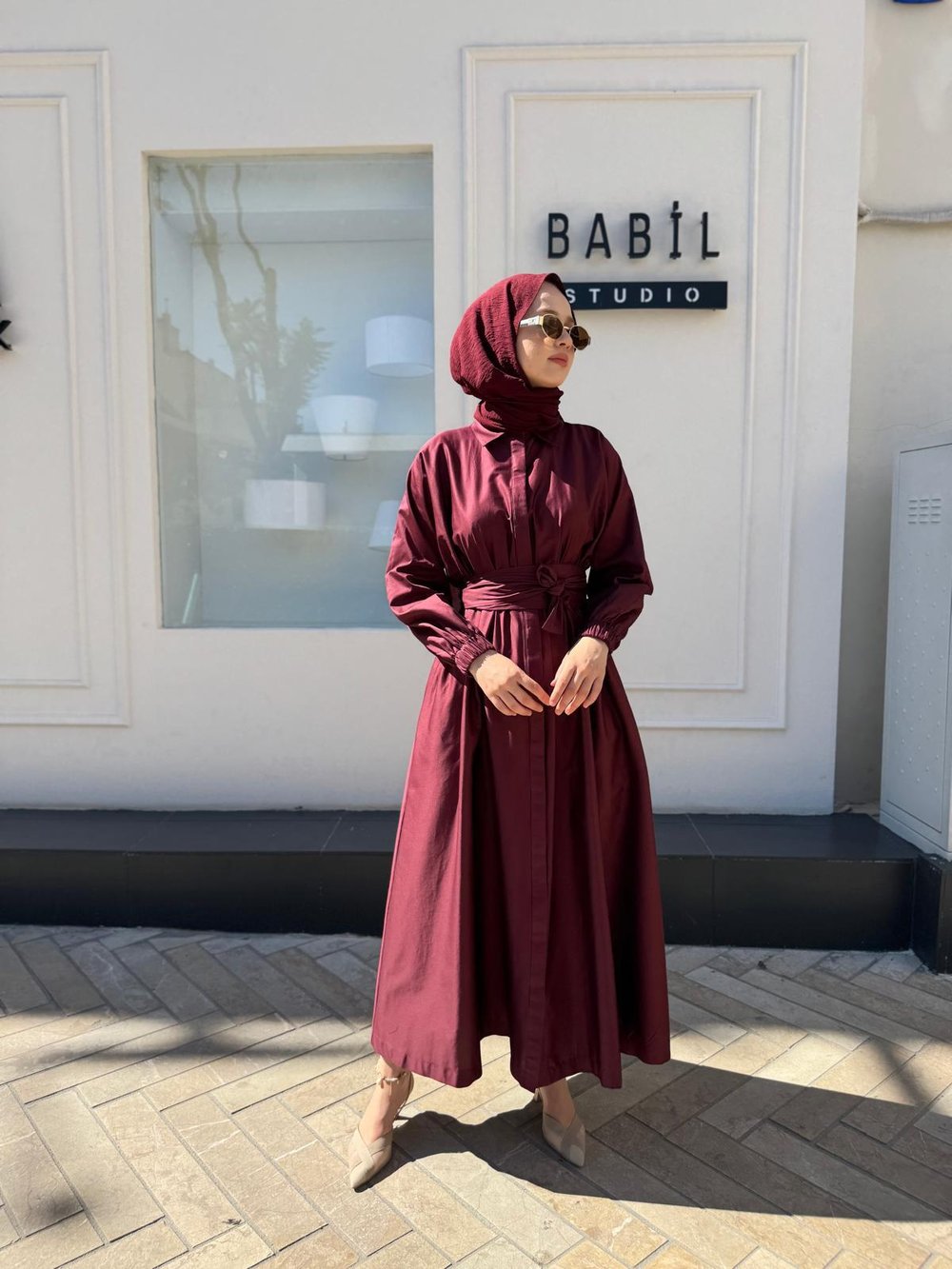 TD53456 Beli Sıkmalı Kadın Elbise Bordo