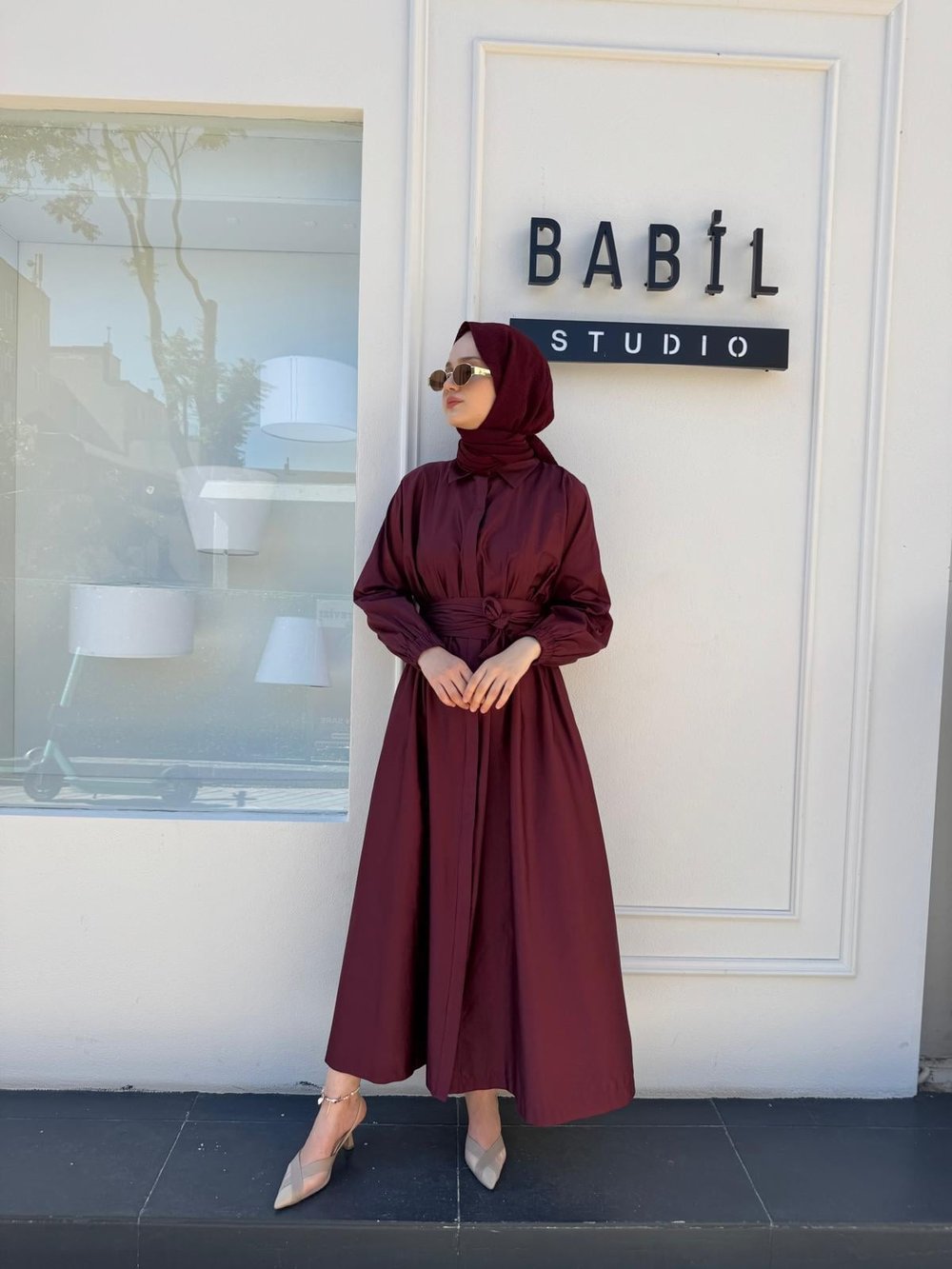 TD53456 Beli Sıkmalı Kadın Elbise Bordo