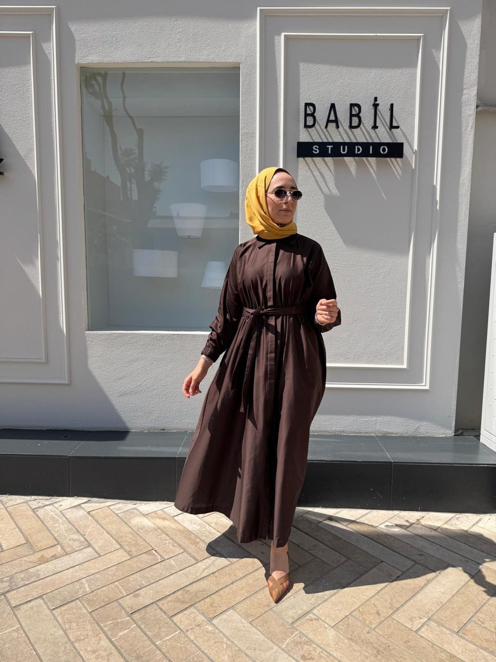 TD53456 Beli Sıkmalı Kadın Elbise Kahve